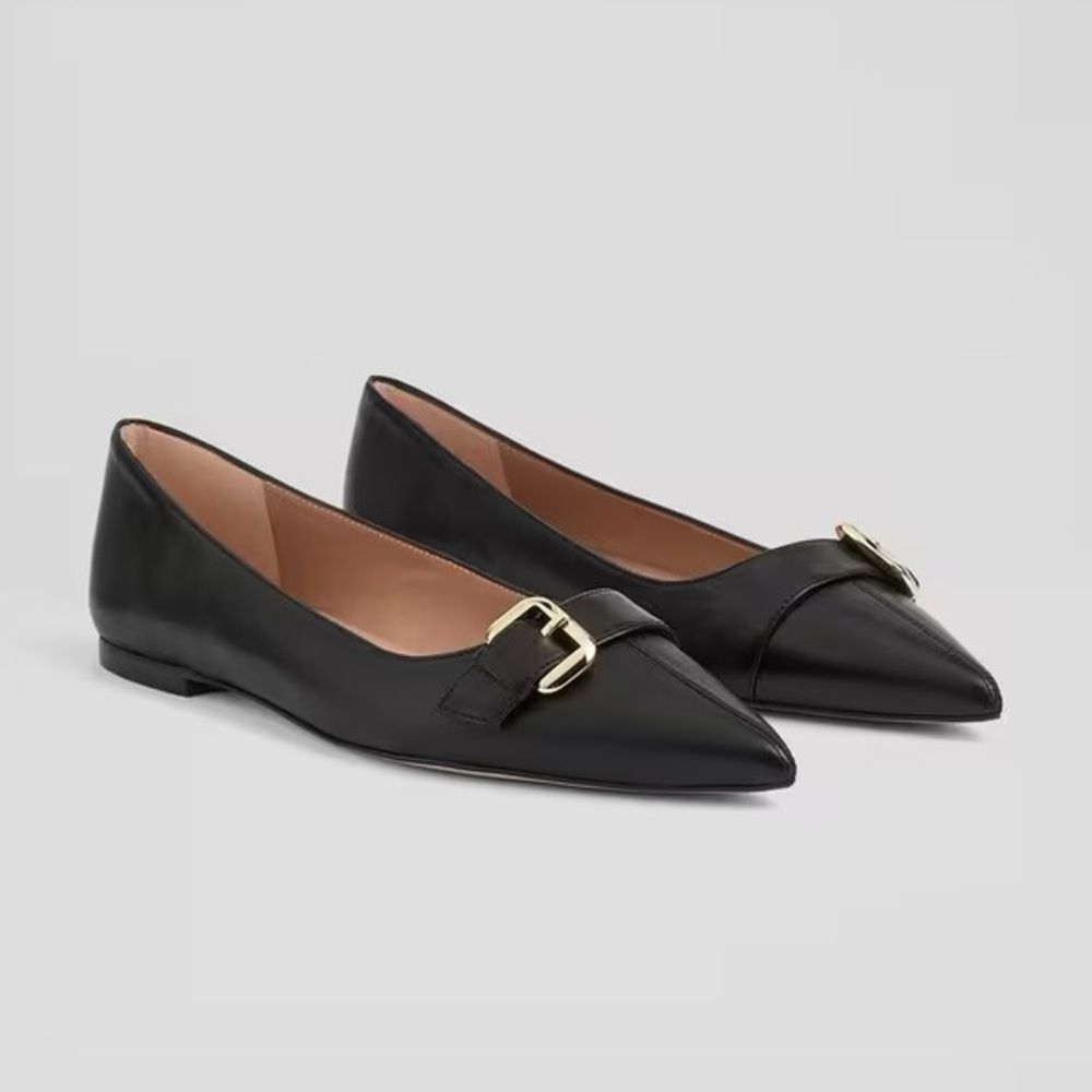 LK Bennett Tory Black Nappa Leather Buckle Pointed Flats - Size 11 - NWT